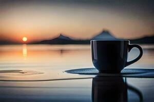 café tasse sur le plage à le coucher du soleil. généré par ai photo