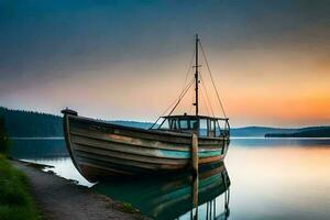 une bateau est assis sur le rive à le coucher du soleil. généré par ai photo