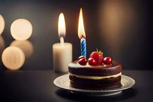 une Chocolat gâteau avec bougies sur une plaque. généré par ai photo