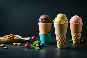 Trois la glace crème cônes avec différent les saveurs. généré par ai photo