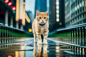 une chat en marchant sur une ville rue à nuit. généré par ai photo