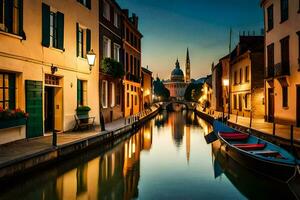 une bateau est sur une canal dans une étroit rue. généré par ai photo