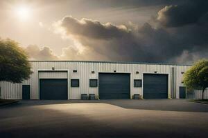 une grand industriel bâtiment avec deux garage des portes. généré par ai photo