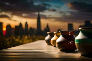 Trois des vases asseoir sur une en bois table avec une ville horizon dans le Contexte. généré par ai photo