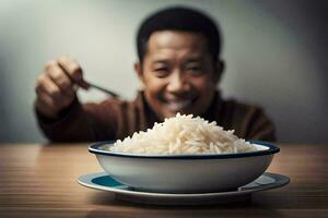 une homme est souriant tandis que en portant une fourchette plus de une bol de riz. généré par ai photo