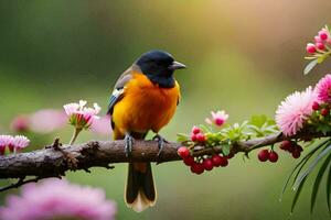 une oiseau est assis sur une branche avec fleurs. généré par ai photo