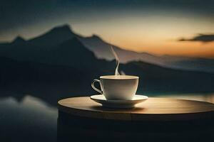 une tasse de café sur une table dans de face de une Montagne. généré par ai photo