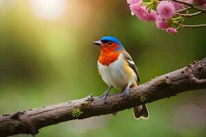 une coloré oiseau est assis sur une branche avec rose fleurs. généré par ai photo