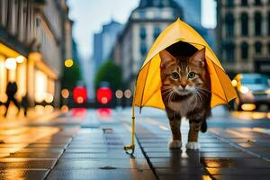 une chat est permanent en dessous de un parapluie dans le pluie. généré par ai photo