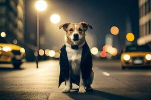 une chien dans une costume et attacher séance sur le rue à nuit. généré par ai photo