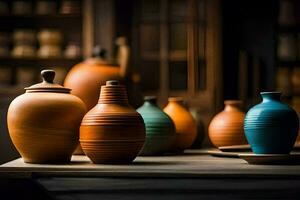 une groupe de coloré des vases séance sur une tableau. généré par ai photo