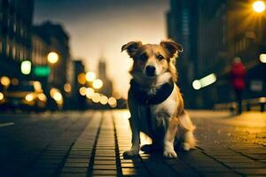 une chien séance sur le rue à nuit. généré par ai photo