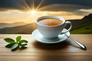 une tasse de thé sur une table avec une Montagne voir. généré par ai photo