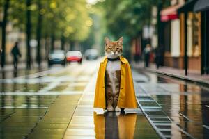 une chat portant une Jaune imperméable permanent sur une humide rue. généré par ai photo