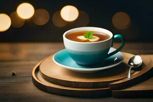 une tasse de thé sur une en bois tableau. généré par ai photo