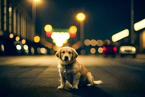 une chien séance sur le rue à nuit. généré par ai photo