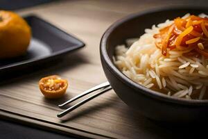 une bol de riz avec Orange tranches et une cuillère. généré par ai photo