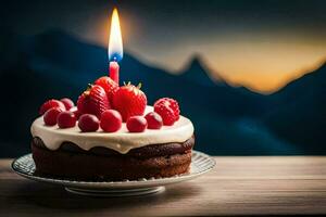 une anniversaire gâteau avec une Célibataire bougie sur Haut. généré par ai photo