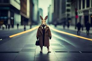 une lapin portant une manteau et en portant une sac. généré par ai photo