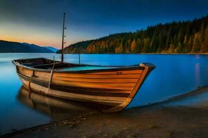 photo fond d'écran le ciel, lac, bateau, coucher de soleil, forêt, lac, bateau, bateau,. généré par ai