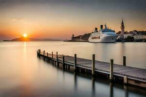 une croisière navire amarré à le jetée à le coucher du soleil. généré par ai photo