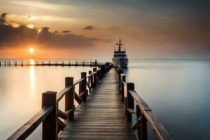 une en bois jetée pistes à le océan à le coucher du soleil. généré par ai photo