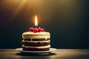 une anniversaire gâteau avec une Célibataire bougie. généré par ai photo