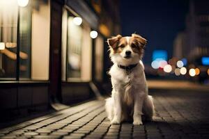 une chien séance sur une brique rue à nuit. généré par ai photo