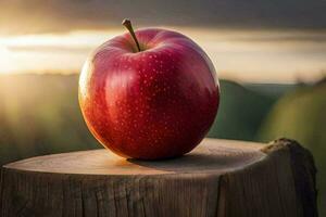 un Pomme est assis sur Haut de une souche. généré par ai photo