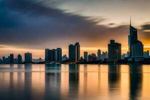 le ville horizon est réfléchi dans le l'eau à le coucher du soleil. généré par ai photo