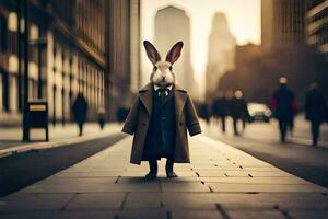 une lapin habillé dans une costume et attacher permanent sur une ville rue. généré par ai photo