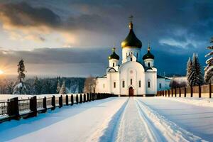 une église dans le neige avec une route de premier plan à il. généré par ai photo