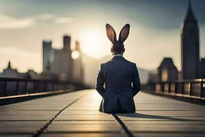 une homme dans une costume avec lapin oreilles séance sur une pont. généré par ai photo