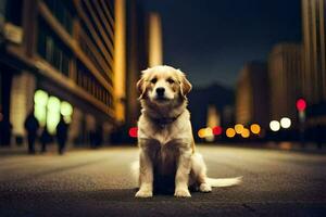 une chien séance sur le rue à nuit. généré par ai photo