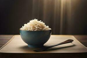 une bol de riz sur une en bois tableau. généré par ai photo