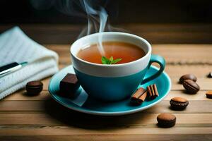 une tasse de thé avec une cannelle bâton et Chocolat. généré par ai photo