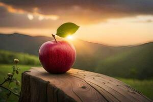 une rouge Pomme est séance sur une en bois souche dans de face de une le coucher du soleil. généré par ai photo