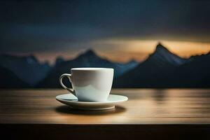 café tasse sur table avec montagnes dans le Contexte. généré par ai photo