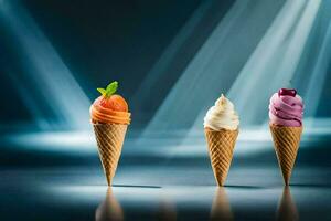 Trois la glace crème cônes avec différent les saveurs. généré par ai photo