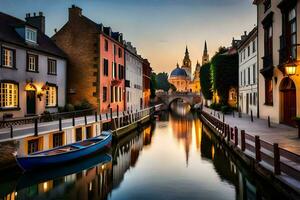 une canal dans une ville à le coucher du soleil avec une bateau. généré par ai photo