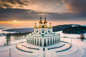 une église dans le neige avec d'or dômes. généré par ai photo