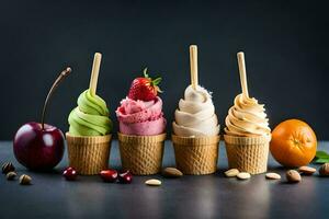 cinq la glace crème cônes avec différent les saveurs. généré par ai photo