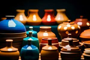 une collection de coloré poterie vases. généré par ai photo