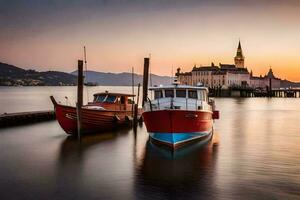 deux bateaux amarré dans le l'eau à le coucher du soleil. généré par ai photo