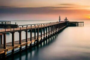 une longue exposition photographier de une jetée à le coucher du soleil. généré par ai photo