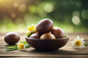 Chocolat des œufs dans une bol sur une tableau. généré par ai photo