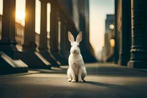 une blanc lapin séance sur le rue dans une ville. généré par ai photo