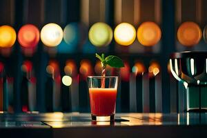 une verre de jus est assis sur une table dans de face de une coloré Contexte. généré par ai photo