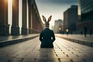 une lapin dans une costume séance sur le sol. généré par ai photo