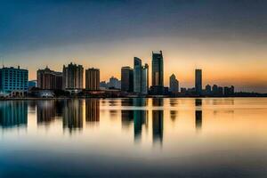 le ville horizon est réfléchi dans le l'eau à le coucher du soleil. généré par ai photo